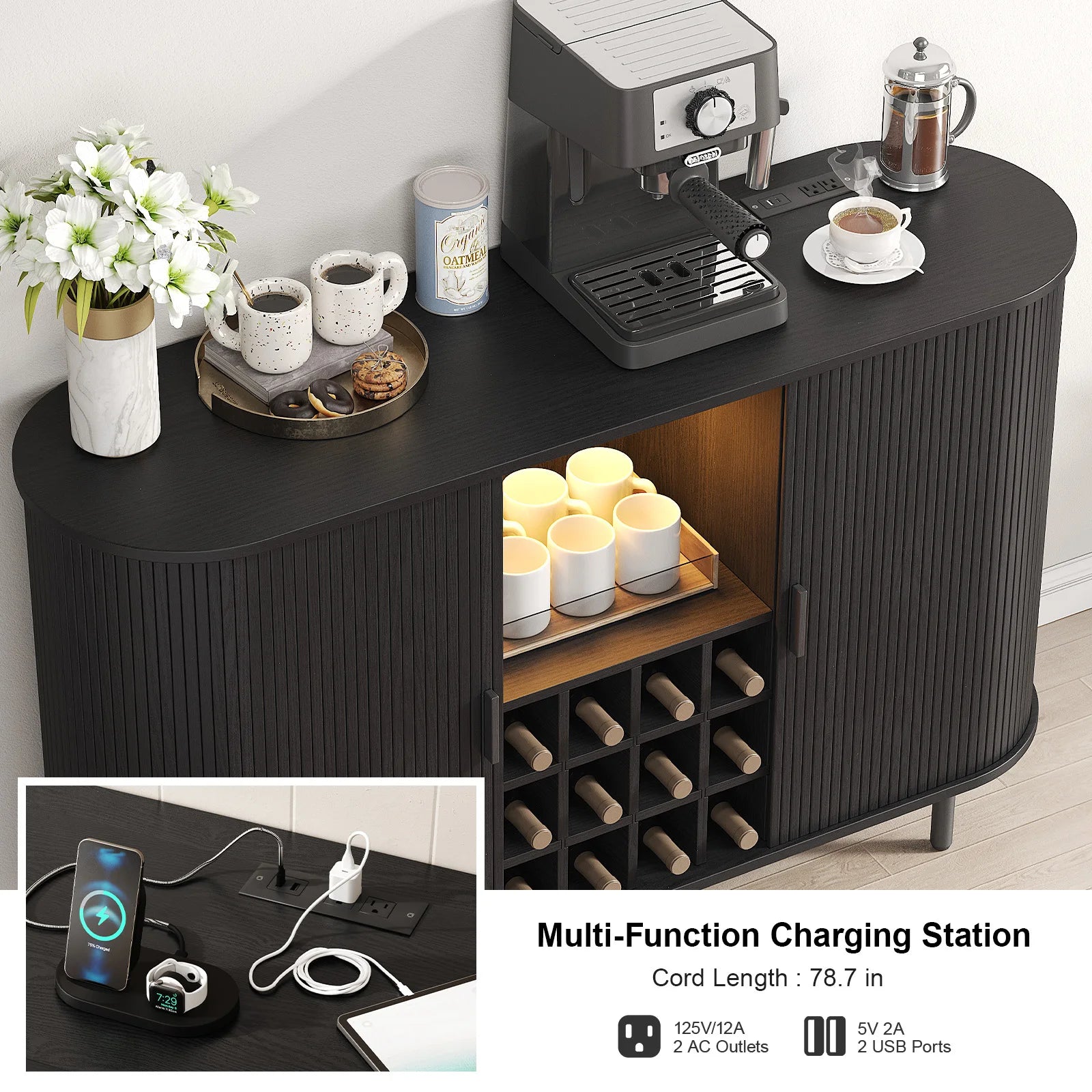 Wine Bar Cabinet w/ LED Light,Liquor Cabinet for Home,Coffee Bar Cabinet w/ Wine Rack & Glass Holder,Walnut Buffet Sideboard