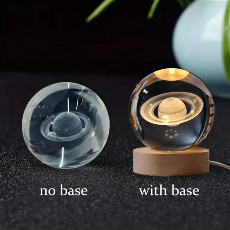 1 Pc Bola de Cristal de 6 cm Lámpara Nocturna Planeta Grabado con Láser Regalo de Cumpleaños Esfera de Vidrio Decoración de Escritorio para el Hogar con Base de Madera y USB
