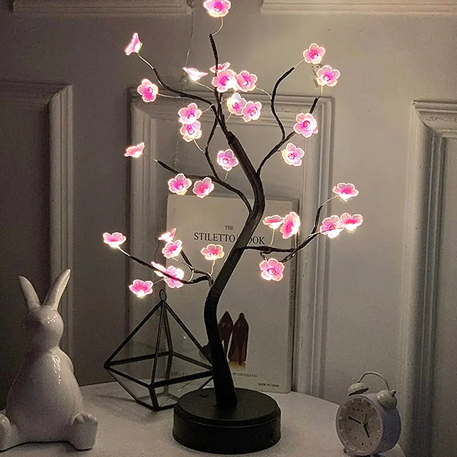 Lámpara de mesa con forma de árbol, alimentada por USB/pilas, con interruptor táctil, bonsái artificial de cerezo en flor, lámpara de escritorio LED decorativa.