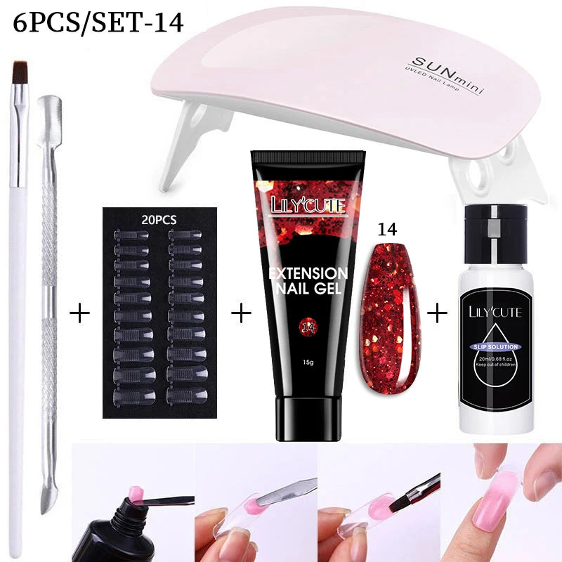Kit de gel para extensión de uñas LILYCUTE de 15 ml, gel UV, acrílico, blanco, transparente, rosa, esmalte de uñas, lámpara LED, set de manicura para decoración de uñas.
