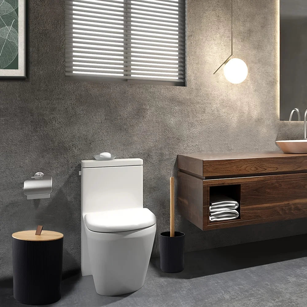 Juego de baño de 6 piezas con cubo de basura, portacepillos de dientes, dispensador de loción y jabón, jabonera, cepillo de inodoro y accesorios de baño.
