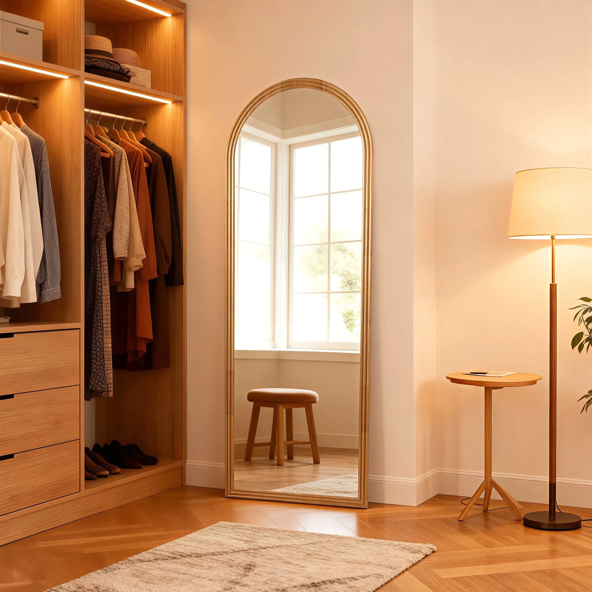 Espejo de cuerpo entero Arc de 160x50 cm con marco de madera maciza para pared o vestidor - Marrón/Negro/Blanco