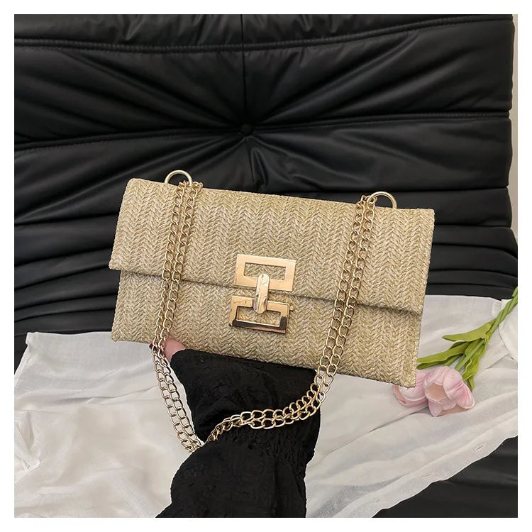 Bolso de mano de mujer tejido con hierba, cartera para móvil, bolso de estilo bohemio veraniego para la playa, cartera tejida, imprescindible para chicas de vacaciones.