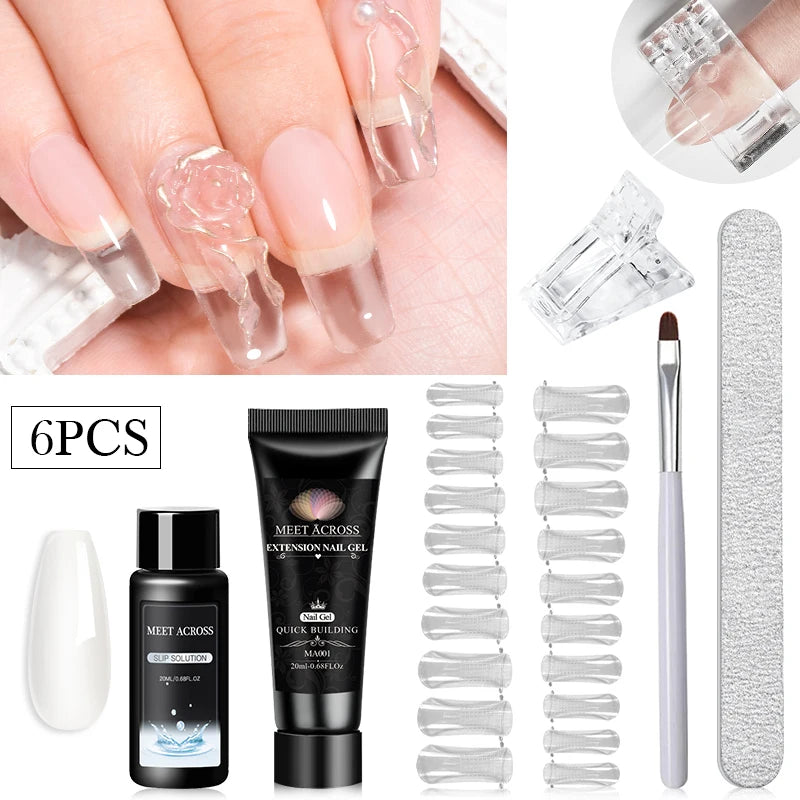 MEET ACROSS Kit de gel para extensión de uñas de 20 ml, gel duro de construcción rápida, acrílico, cristal blanco nude, esmalte de uñas de gel UV.