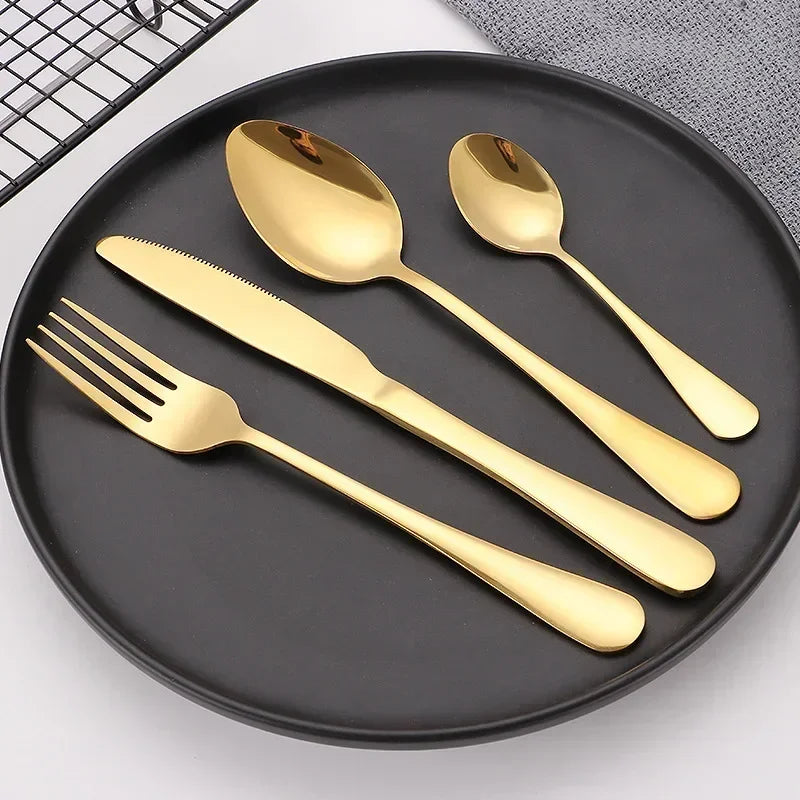 Juego de vajilla dorada de 24 piezas, lujo ligero, acero inoxidable, cubiertos, tenedor, cuchillo, cuchara, vajilla minimalista con caja de regalo.