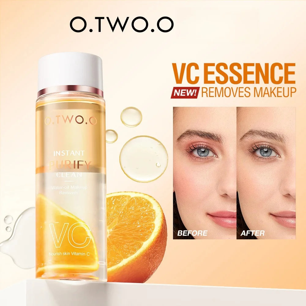 Desmaquillante bifásico con esencia de vitamina C para pieles sensibles. Disuelve instantáneamente el maquillaje más resistente sin irritar.