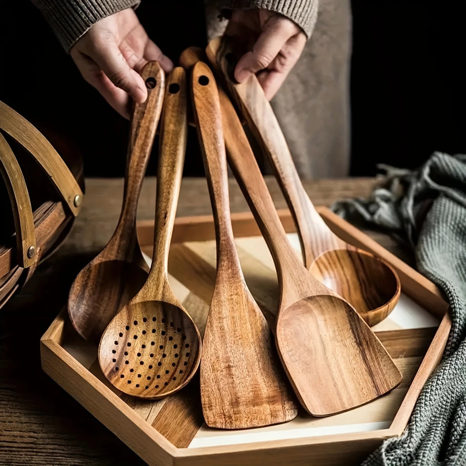 Juego de 5 utensilios de cocina de madera, cucharas de madera natural, espátula para sartén antiadherente, cucharón de cocina y espátulas para wok.
