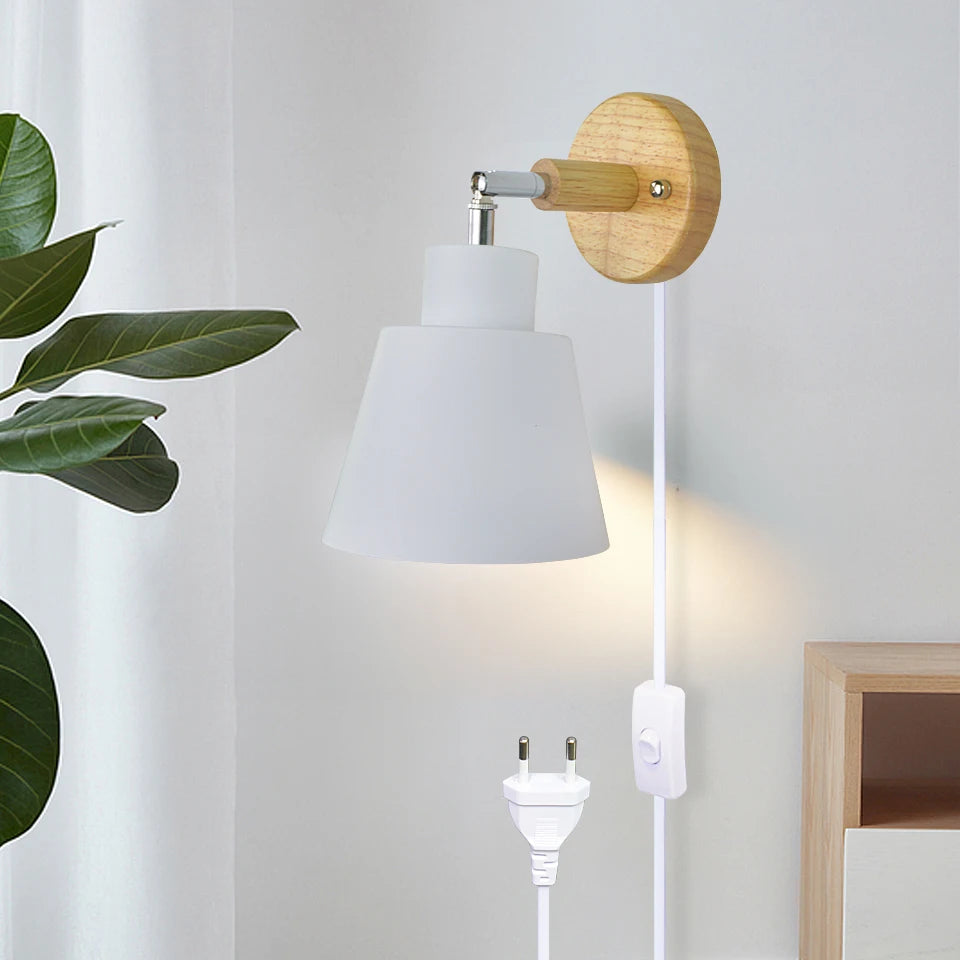 Aplique de pared nórdico para interiores, bricolaje, E27, madera, 6 colores, enchufe EU/UL, 350°, lámparas de pared para sala de estar, dormitorio, pasillo, apliques.