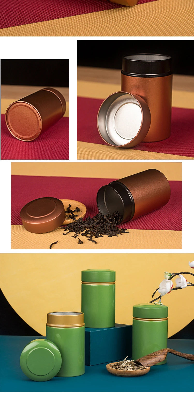 Lata de té metálica portátil de 50 g, recipiente de hojalata para almacenar té y hojas de té secas sueltas.
