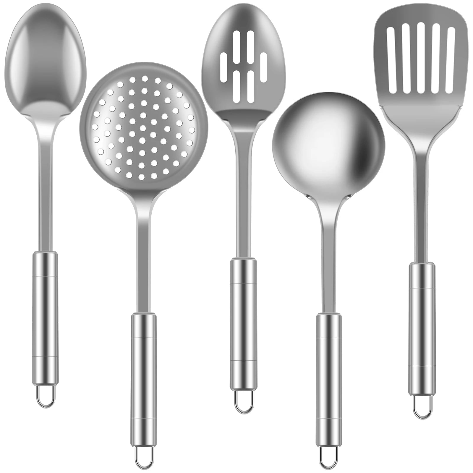 Juego de 5 utensilios de cocina de acero inoxidable duraderos, cucharas, espátulas y utensilios lavables.