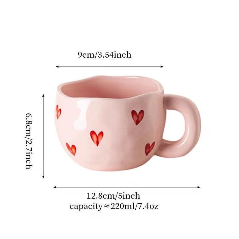 1 taza de cerámica pintada a mano con diseño de corazón, ideal para agua, leche o como regalo de San Valentín.