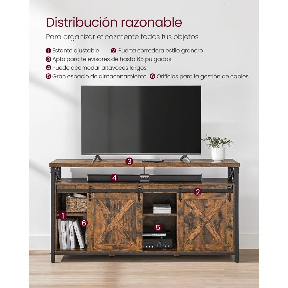 Mueble para TV de 65 pulgadas con soporte para TV con estantes ajustables, puertas corredizas estilo granja y marco.