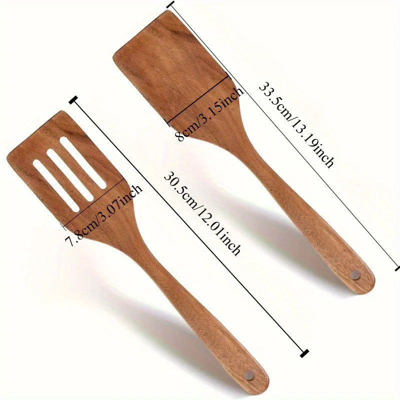 Juego de espátulas de madera - Duraderas y ergonómicas con mangos largos, utensilios de cocina multiusos que incluyen espátula ranurada.