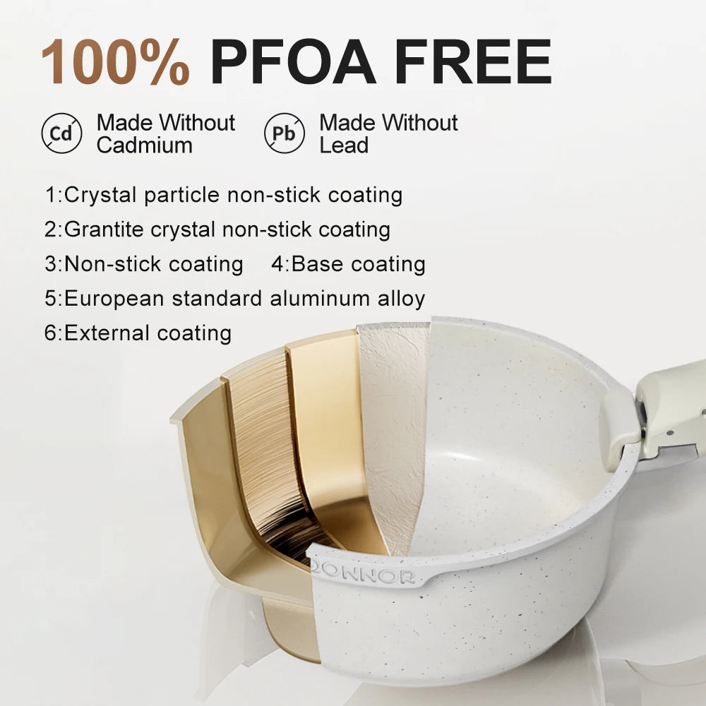 Juego de utensilios de cocina antiadherentes Donnor de 17 piezas con mango extraíble, fabricados en aluminio fundido a presión y compatibles con inducción.
