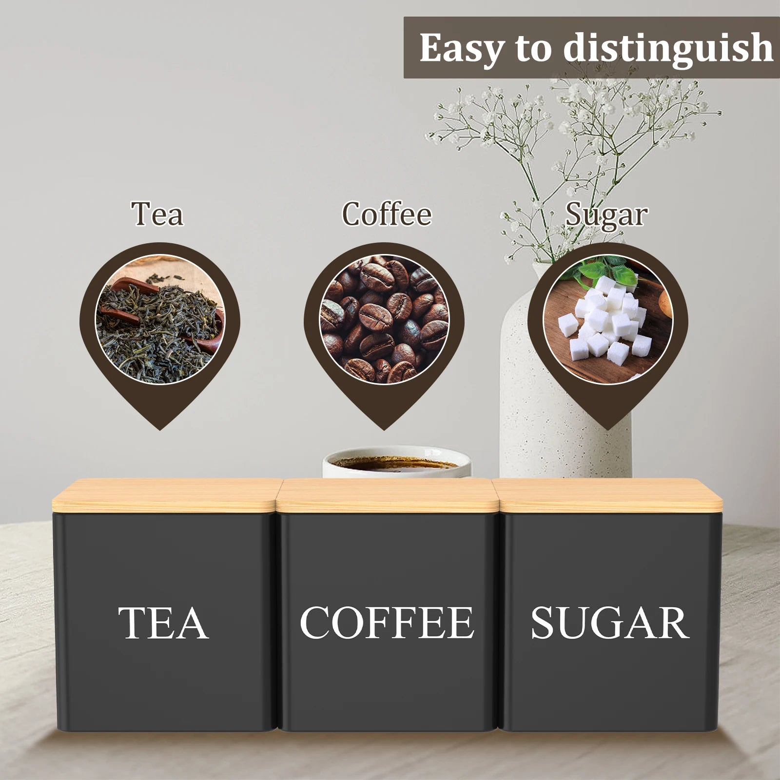3 botes de almacenamiento para granos de café, té y azúcar, con cierre hermético al vacío. Botes de hierro para cocina con tapa hermética.