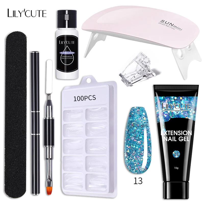 Kit de gel para extensión de uñas LILYCUTE de 15 ml, solución acrílica, esmalte en gel con lámpara para uñas para una rápida extensión, gel UV para uñas.