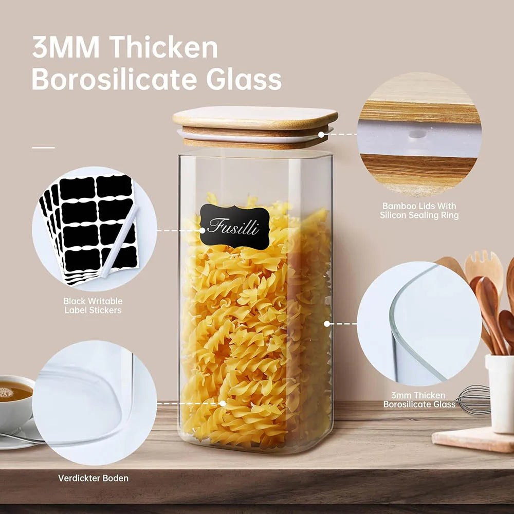 Tarros de vidrio cuadrados con tapa de bambú para almacenar granos de café, cereales, fideos y otros alimentos. Organizadores de cocina.