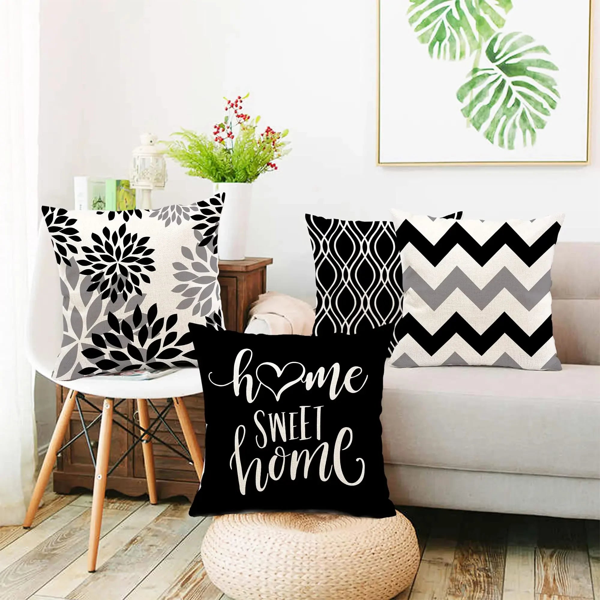 Funda de almohada de lino con estampado geométrico en blanco y negro para sofá o sofá. Decoración para el hogar. Se puede personalizar para ti. Tamaños disponibles: 40x40, 45x45, 50x50 y 60x60.