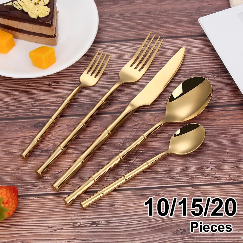 Juego de cubiertos dorados de acero inoxidable 304 de 5/10/15/20 piezas, vajilla plateada de estilo occidental, mango con forma de bambú y espejo, utensilios de cocina.