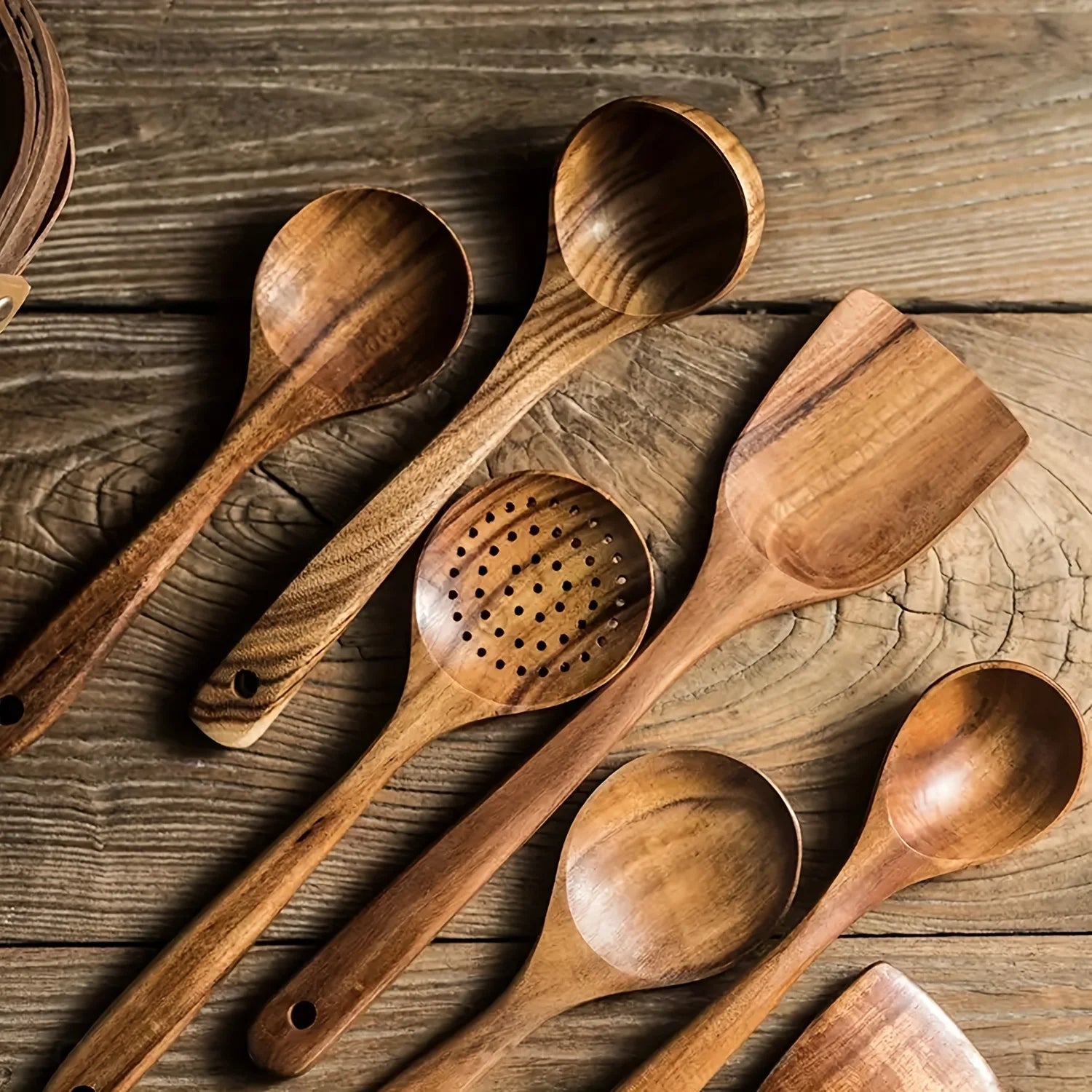 Juego de 5 utensilios de cocina de madera, cucharas de madera natural, espátula para sartén antiadherente, cucharón de cocina y espátulas para wok.