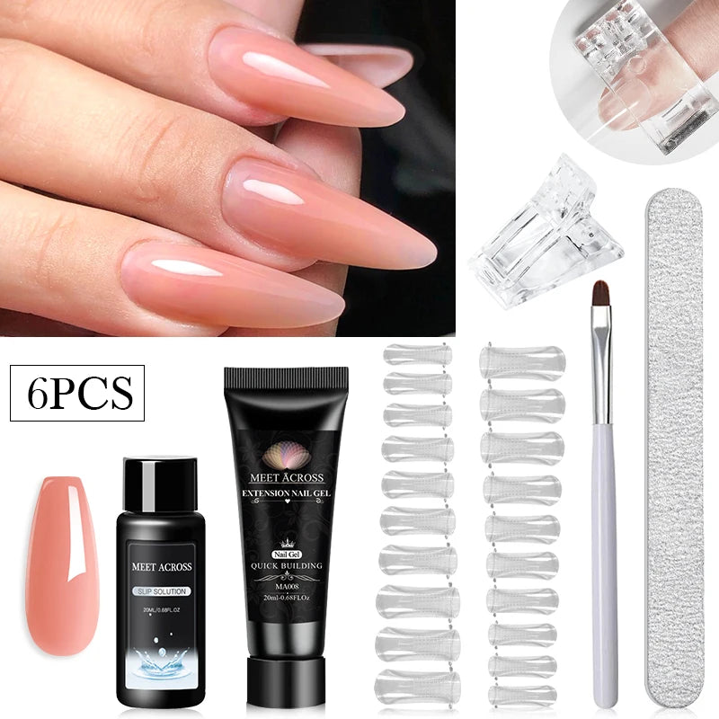 MEET ACROSS Kit de gel para extensión de uñas de 20 ml, gel duro de construcción rápida, acrílico, cristal blanco nude, esmalte de uñas de gel UV.
