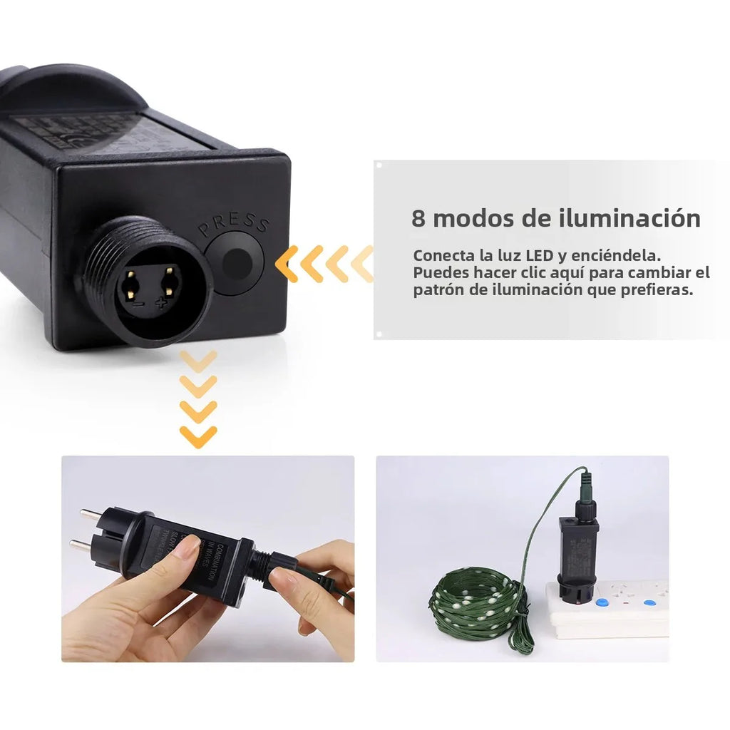 Guirnalda de luces LED de alta calidad con cable de goma, 100 m, 800 LED, 8 modos, 220 V/110 V, para exteriores, jardín, patio, césped y decoración navideña.