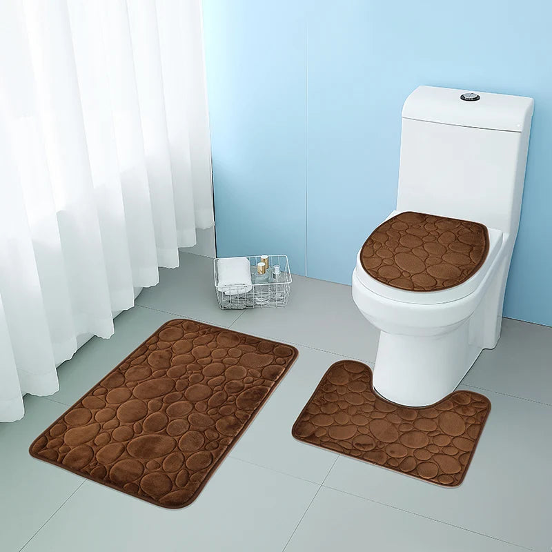 Juego de tres piezas: 1 juego de alfombras de baño sencillas, absorbentes de agua y antideslizantes con estampado de piedra, de color liso, cómodas y suaves.