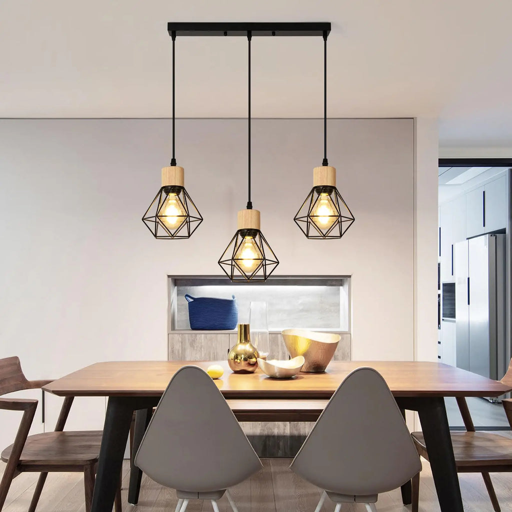 Lámparas colgantes vintage de 3 luces, E27, lámpara de techo industrial negra, iluminación de techo de madera y metal para dormitorio o cafetería.