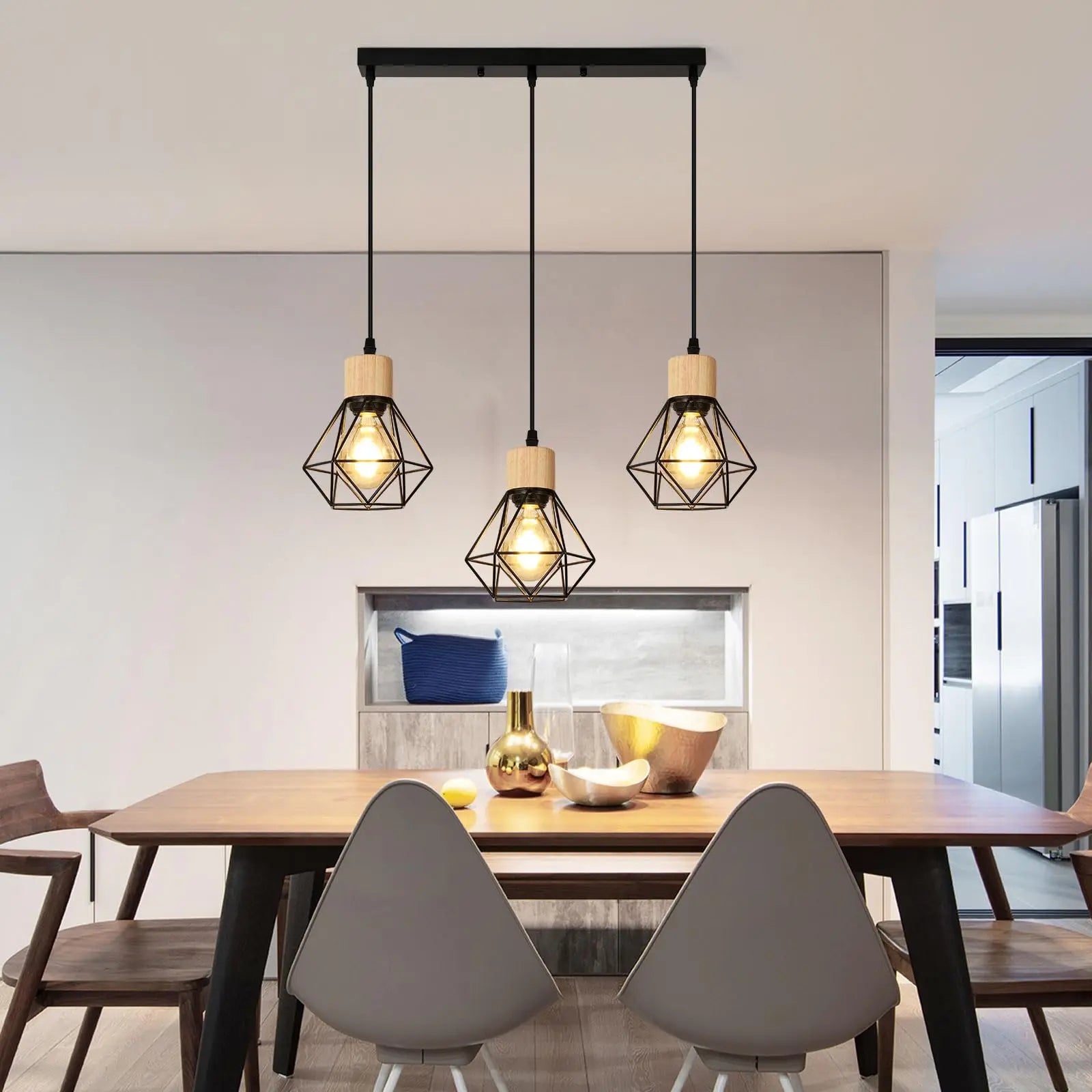 Lámparas colgantes vintage de 3 luces, E27, lámpara de techo industrial negra, iluminación de techo de madera y metal para dormitorio o cafetería.