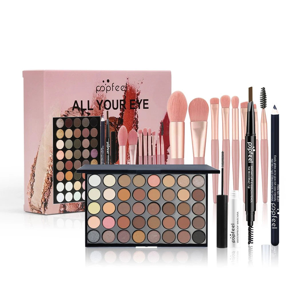 Set de maquillaje para ojos POPFEEL con paleta de sombras de ojos de 40 colores, lápiz de cejas, delineador de ojos, máscara de pestañas y un juego de brochas de maquillaje. Cosméticos para ojos.