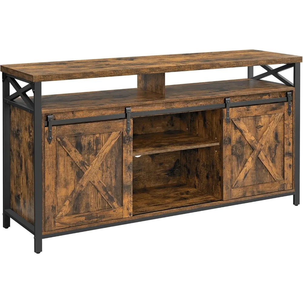 Mueble para TV de 65 pulgadas con soporte para TV con estantes ajustables, puertas corredizas estilo granja y marco.
