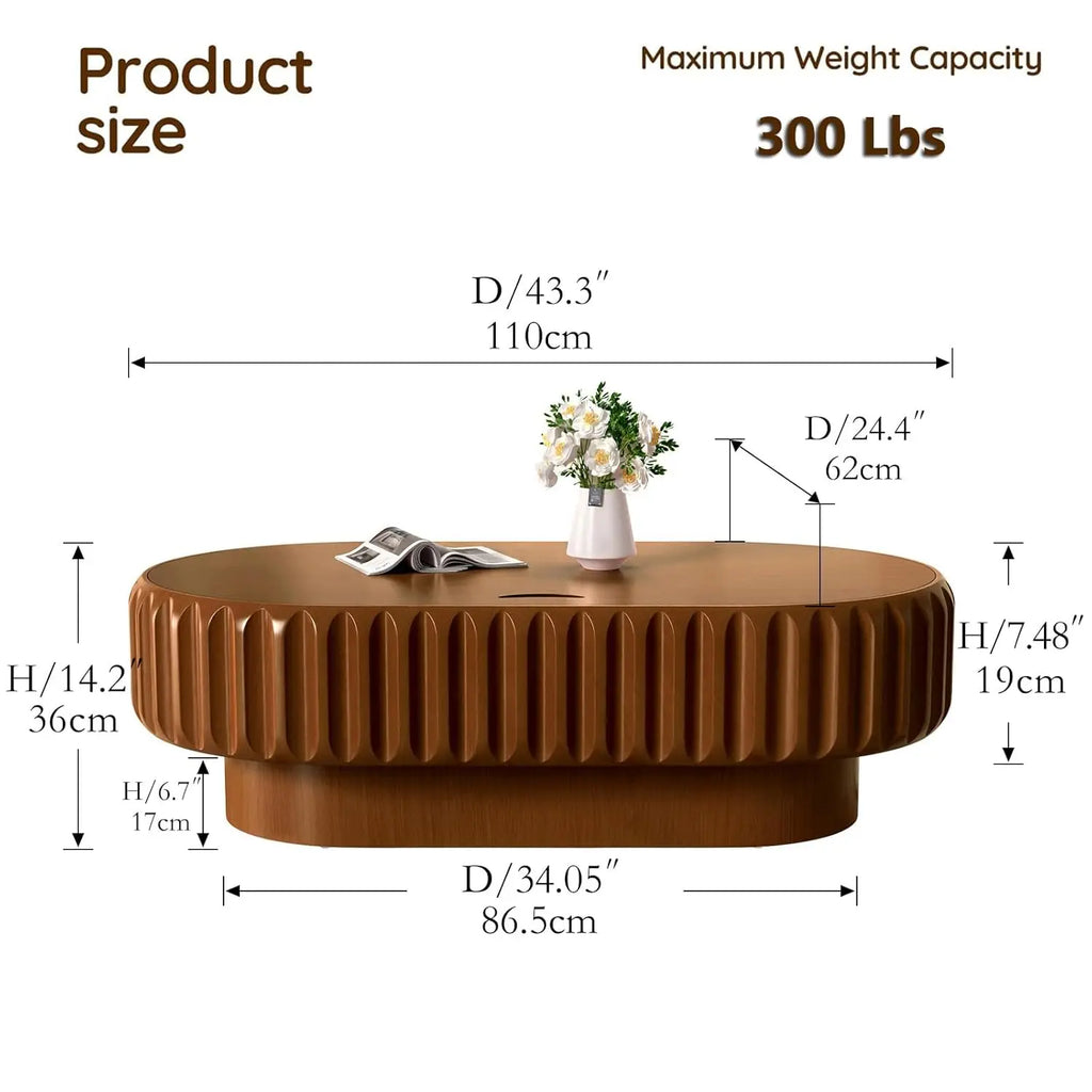 43.3'' Oval Coffee Table with Storage for Living Room, Modern Oval Drum Fluted Coffee Table with Wood Veneered, Customized