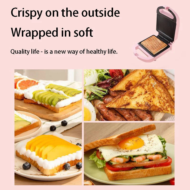 Sandwichera eléctrica portátil, máquina multifuncional para el hogar, antiadherente, para preparar desayunos, gofres y otros alimentos. Color rosa y rojo.