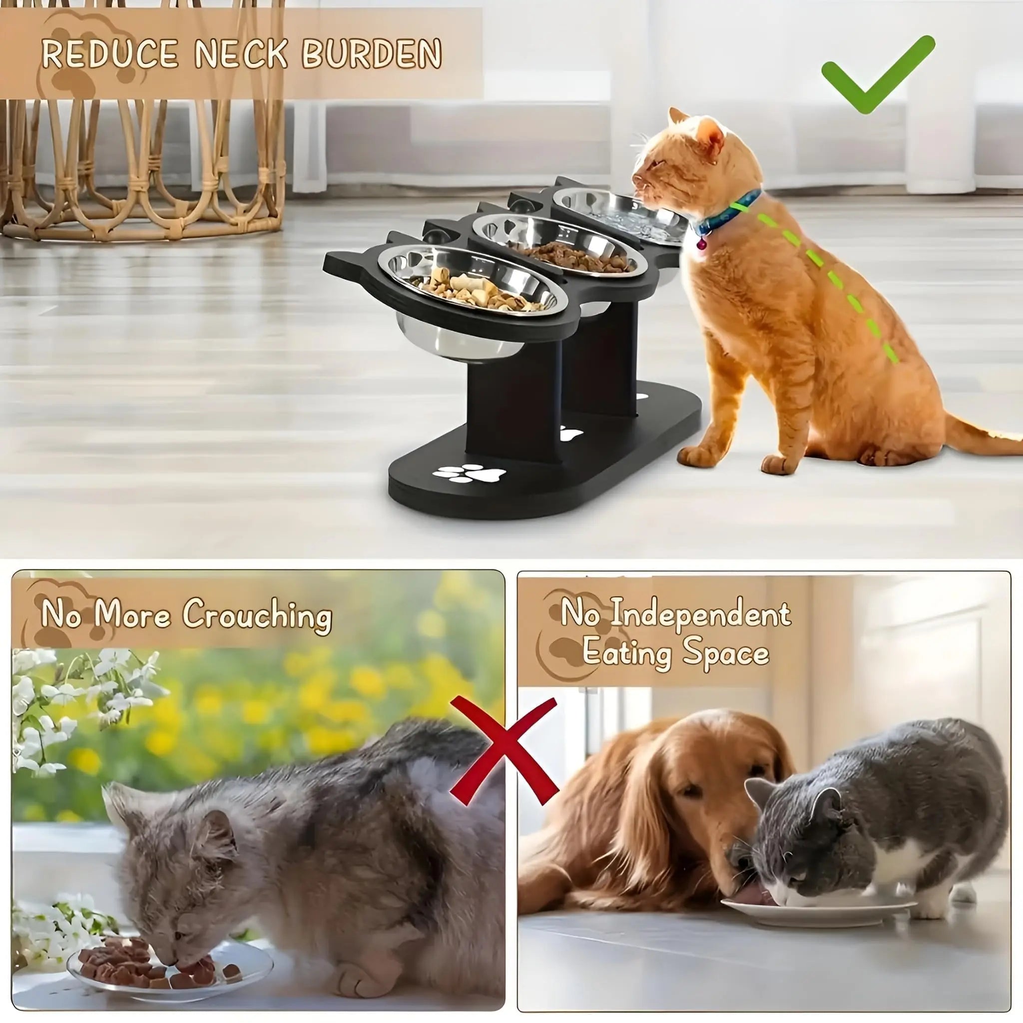 Comedero elevado para gatos con estructura de soporte de madera negra, cuencos de acero inoxidable para gatos, soporte inclinado de 15°, suministros para alimentación y agua.