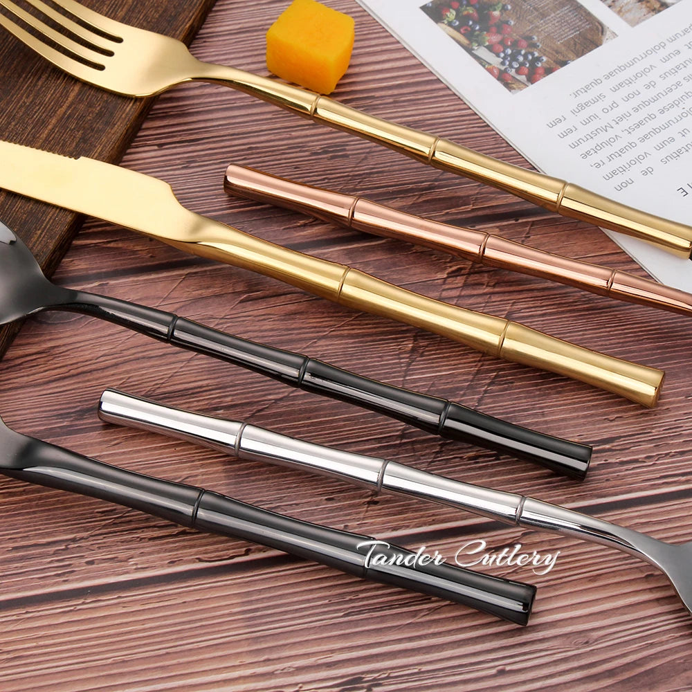 Juego de cubiertos dorados de acero inoxidable 304 de 5/10/15/20 piezas, vajilla plateada de estilo occidental, mango con forma de bambú y espejo, utensilios de cocina.
