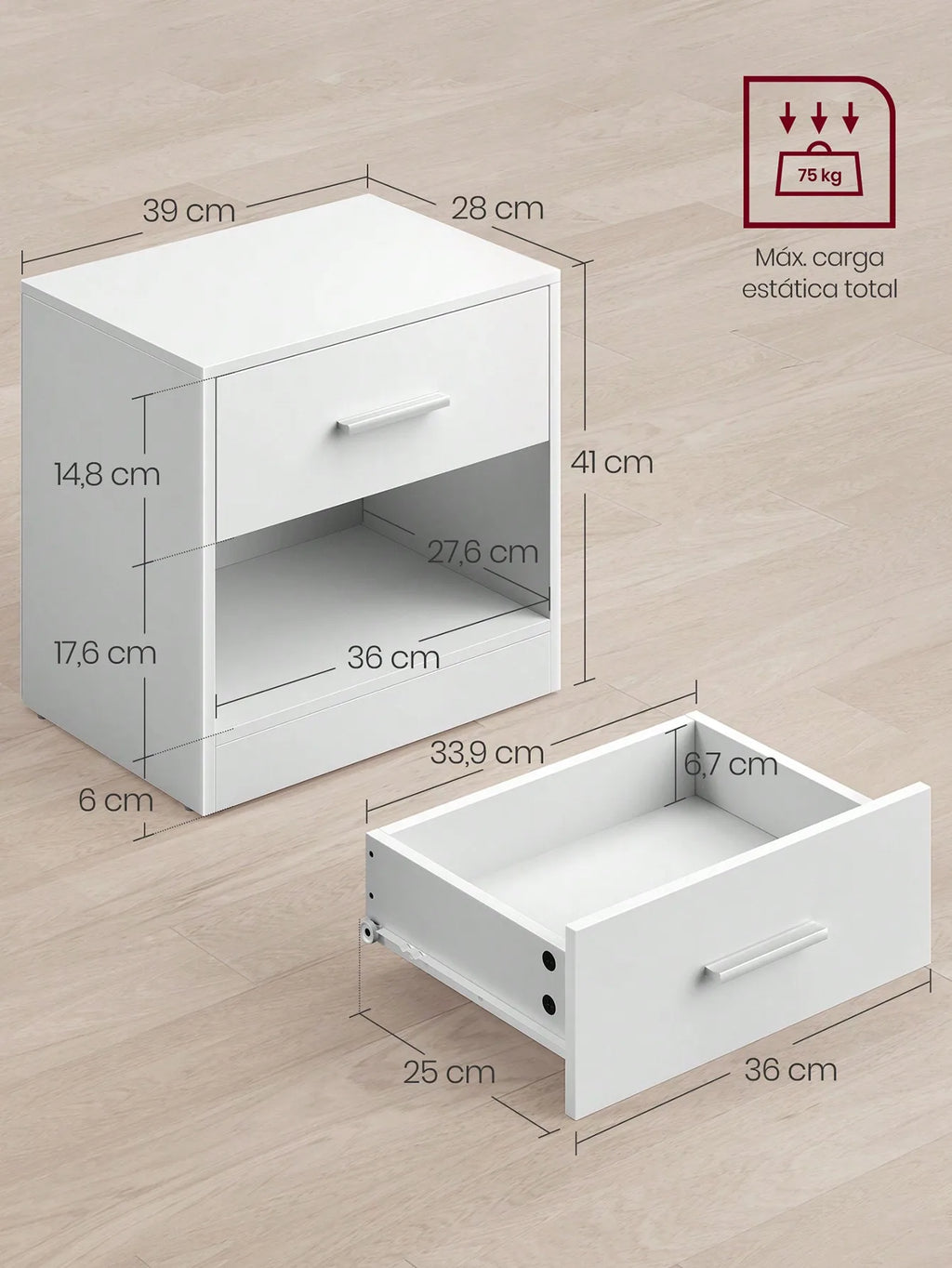 Mesita de noche/auxiliar VASAGLE con cajón, tirador y compartimento abierto. Mesita auxiliar. Dormitorio/Salón. Marrón castaño/Negro tinta