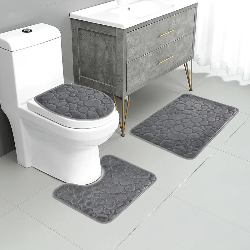 Juego de tres piezas: 1 juego de alfombras de baño sencillas, absorbentes de agua y antideslizantes con estampado de piedra, de color liso, cómodas y suaves.