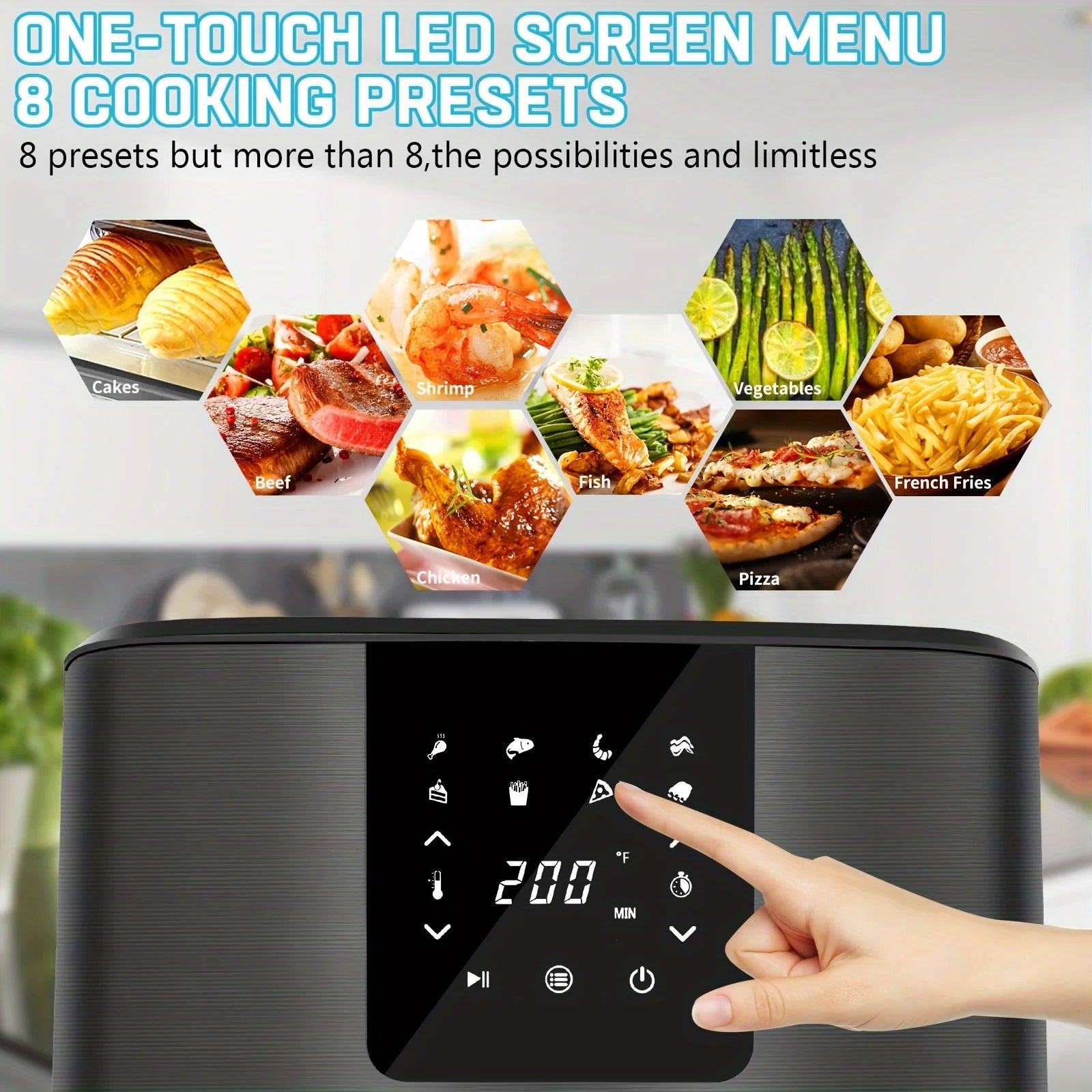 Freidora de aire grande KitCook, 1500 W, 7 cuartos de galón, temperatura ajustable de 100 a 400 °F, 8 menús preestablecidos, pantalla táctil digital, sin