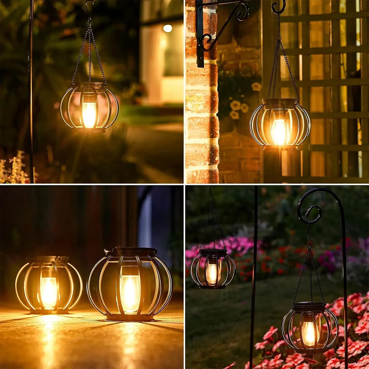Linterna solar exterior impermeable con luz LED, lámparas de jardín de 3000k con sensor de luz diurna y cadena duradera para exteriores. Carcasa metálica hueca.
