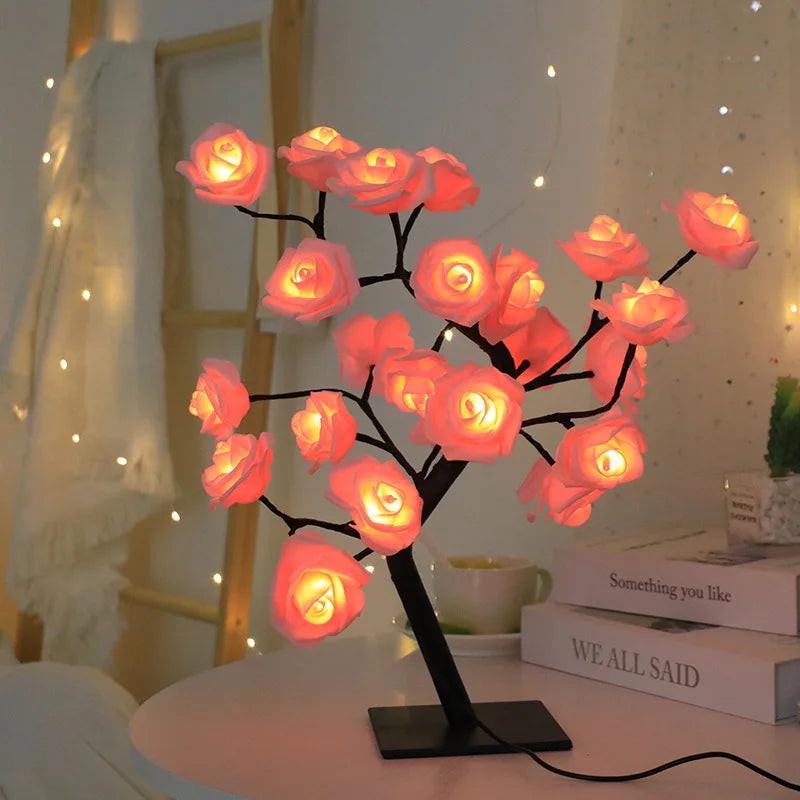 Lámpara de mesa con 24 luces LED de rosas rojas en forma de árbol, luz nocturna de hadas con forma de flor para decoración del hogar, fiestas, Navidad, bodas y dormitorios. Regalo ideal.