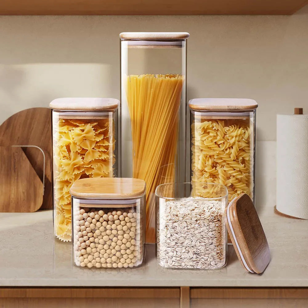 Tarros de vidrio cuadrados con tapa de bambú para almacenar granos de café, cereales, fideos y otros alimentos. Organizadores de cocina.