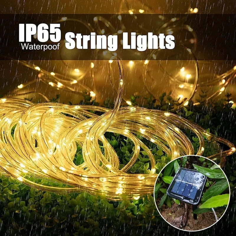 Tira de luces LED solares, tubo de cuerda, guirnalda de luces solares, decoración navideña para exteriores, jardín, césped, árbol, patio, valla.