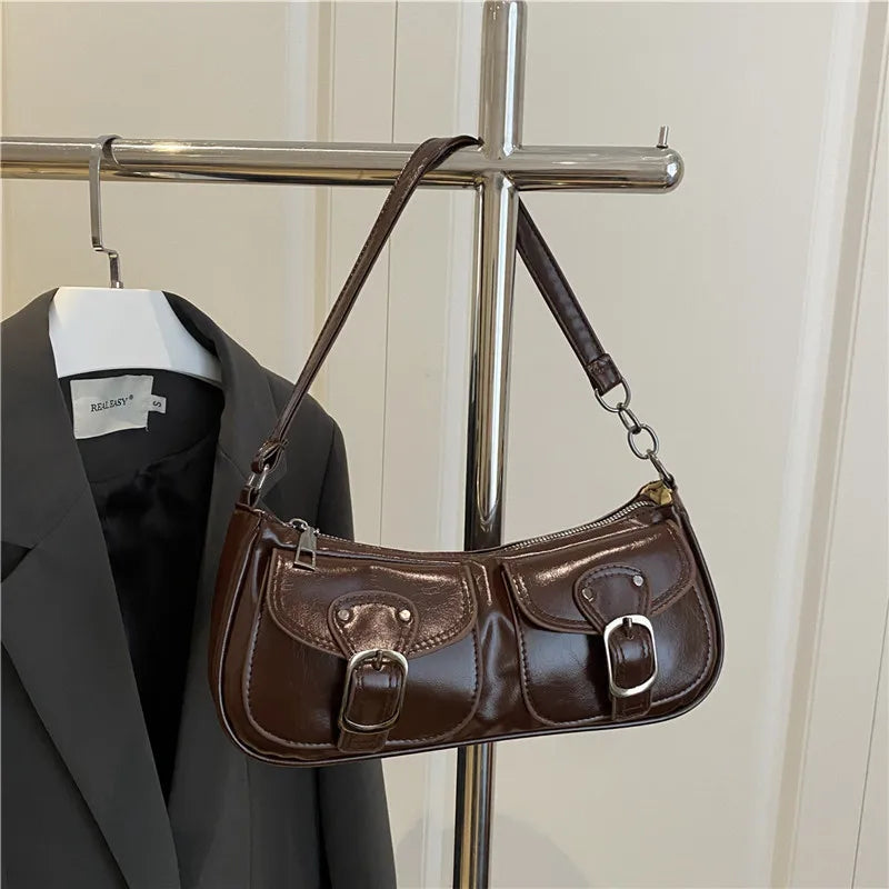 Bolso baguette de piel sintética: bolso de mano con dos bolsillos y bandolera para mujer | Colección otoño/invierno 2025, color liso, estilo vintage Y2K
