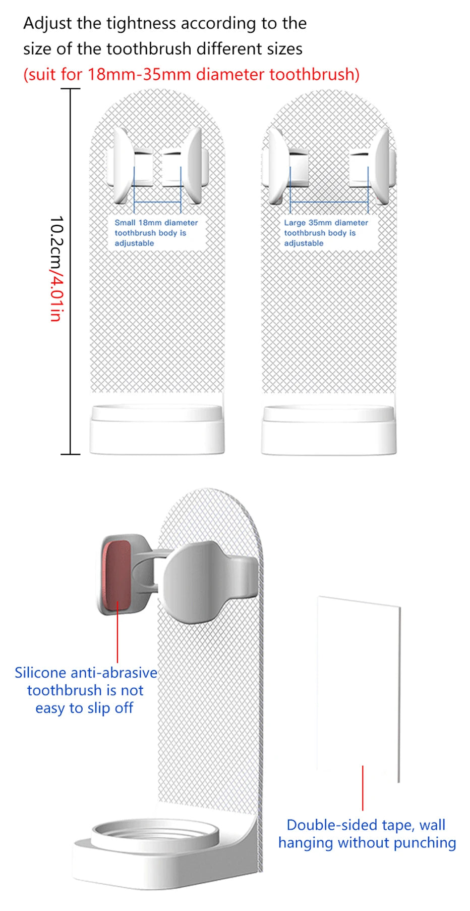 Soporte ajustable para cepillo de dientes, base para cepillo de dientes eléctrico, soporte de pared antideslizante de silicona, soporte para cuerpo de cepillo, adaptable al 99%.