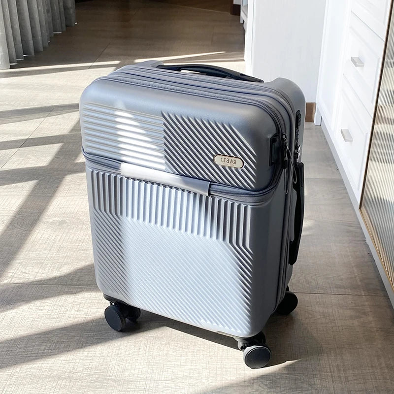 Nueva maleta de embarque con apertura frontal para hombre y mujer, 20/24/26 pulgadas, ligera, con ruedas, ideal para viajes y con carga USB.