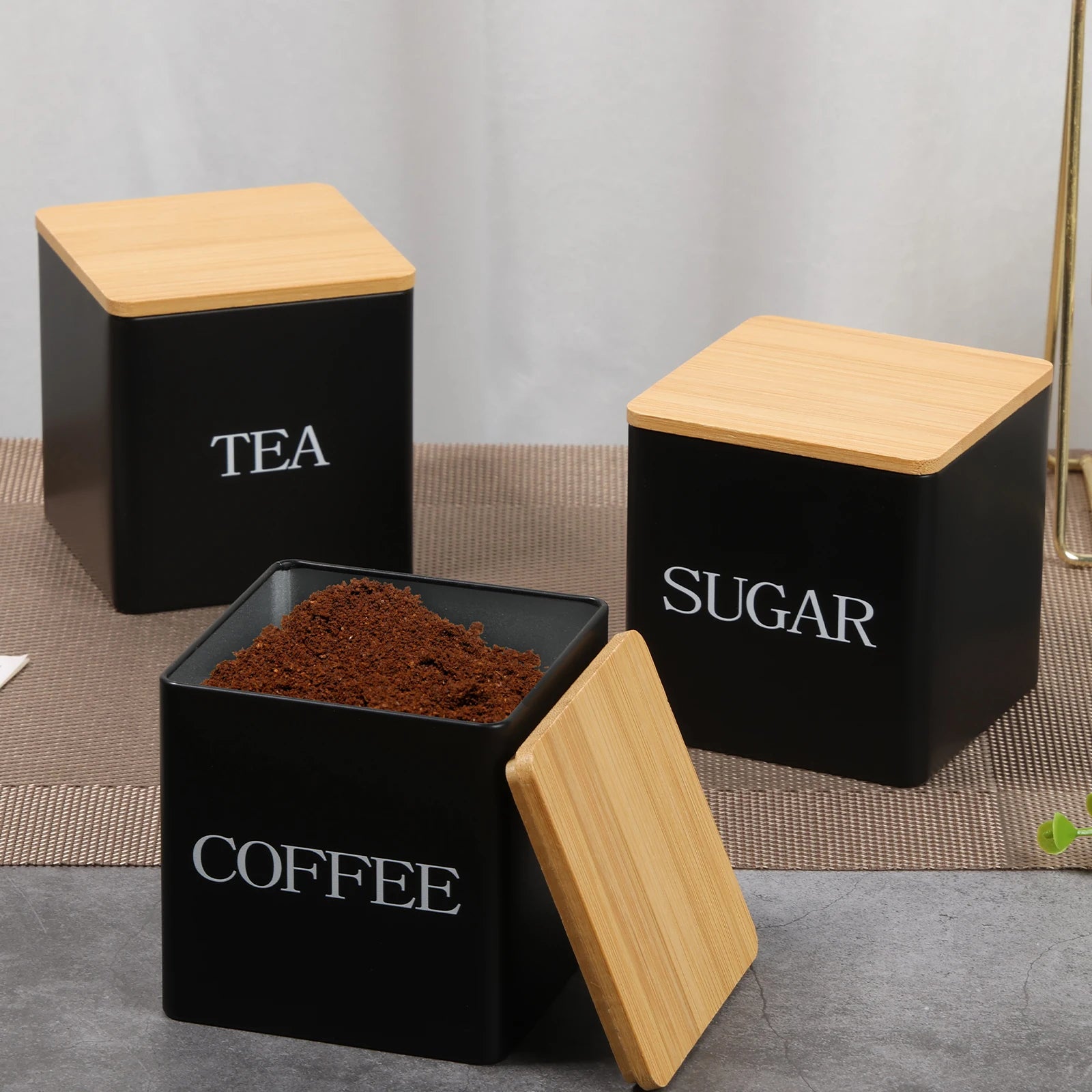 3 botes de almacenamiento para granos de café, té y azúcar, con cierre hermético al vacío. Botes de hierro para cocina con tapa hermética.