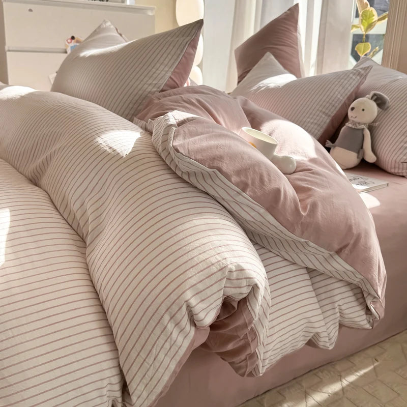 Juego de funda nórdica de algodón lavado, juego de edredón estilo nórdico minimalista, juego de cama gris a rayas, juego de ropa de cama textil para el hogar, sábanas 2025