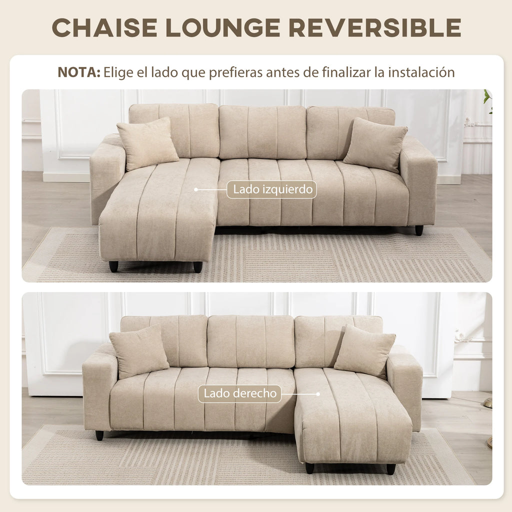 Sofá esquinero reversible Homcom con chaise longue, 3 plazas, 2 cojines, tapizado en lino, estructura de acero, para salón, 242 x 156 x 87 cm, color beige.