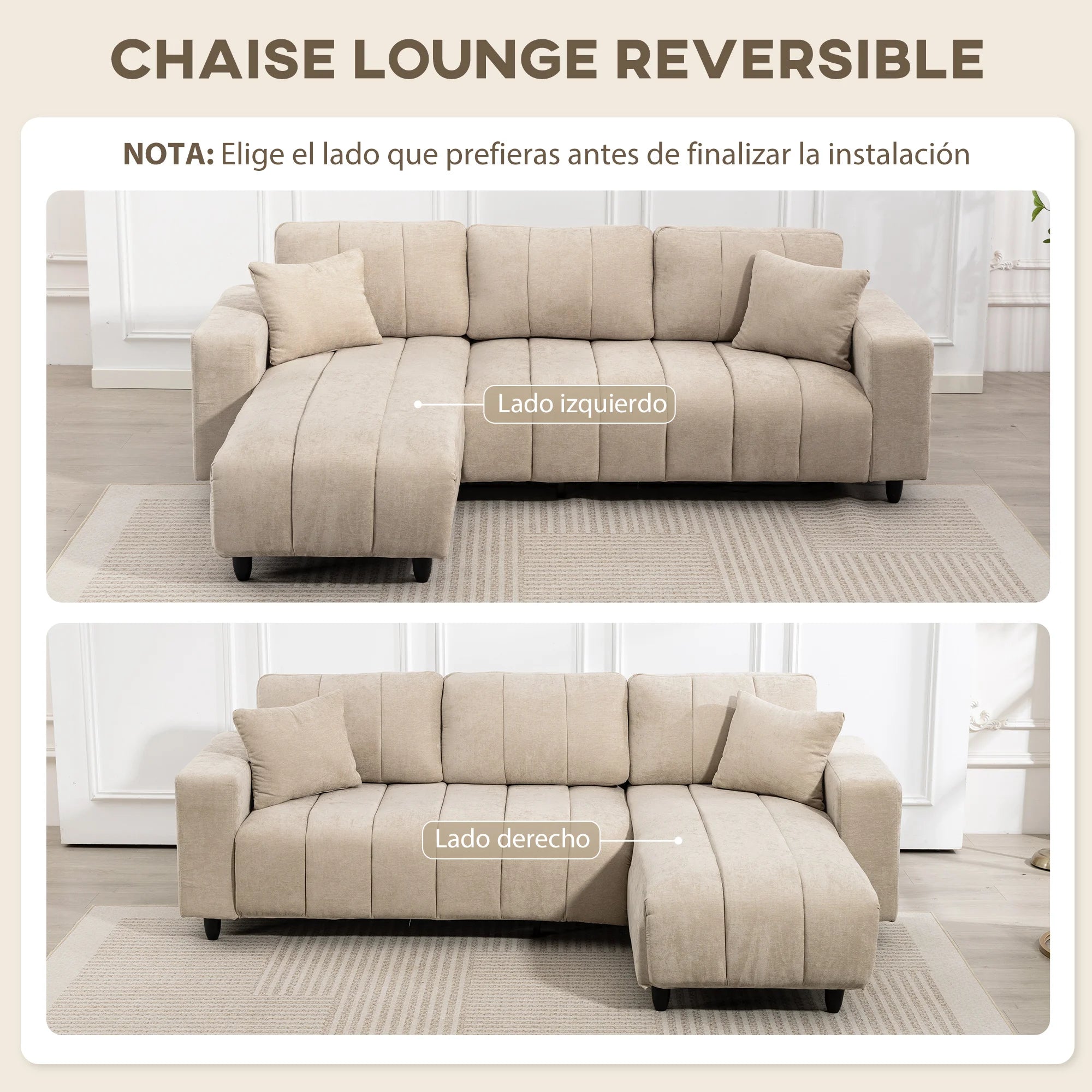 Sofá esquinero reversible Homcom con chaise longue, 3 plazas, 2 cojines, tapizado en lino, estructura de acero, para salón, 242 x 156 x 87 cm, color beige.