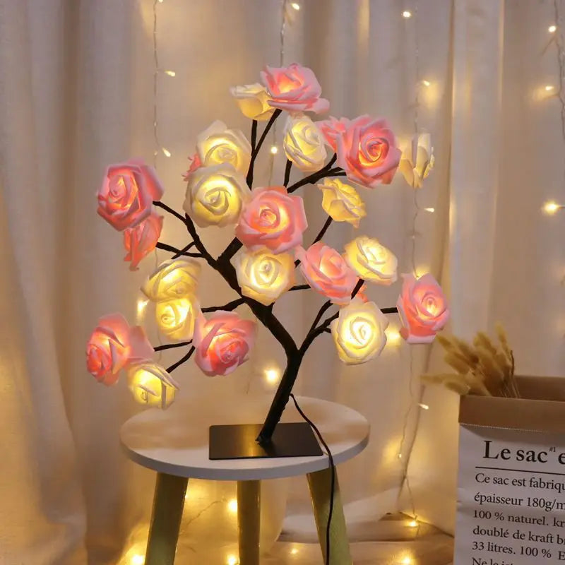 Lámpara de mesa con 24 luces LED de rosas rojas en forma de árbol, luz nocturna de hadas con forma de flor para decoración del hogar, fiestas, Navidad, bodas y dormitorios. Regalo ideal.